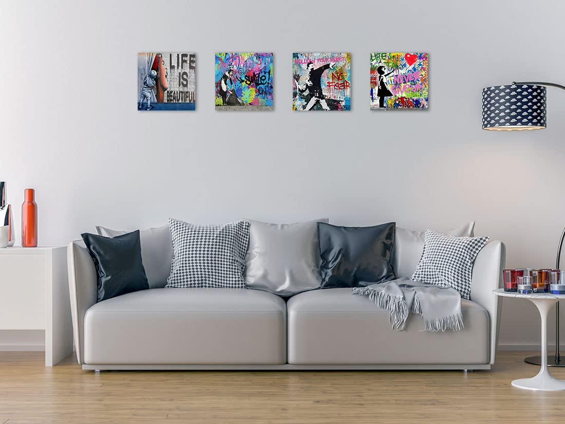 Biufo Banksy Canvas Wall Art Artwork Graffiti Street Print Pictures for Bedroom Living Room Wall Decor (12"x12"x4Pcs)