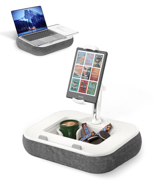 Viozon Kindle Pillow Stand Holder, Phone Holder for Bed, Laptop Lap Desk with Mouse Pad,Compatible with 4.7-13" Kindle/Tablet/Phone,10-15" Laptop, Snack Bowl&Cup Attachment&Detachable 360°Stand Arm