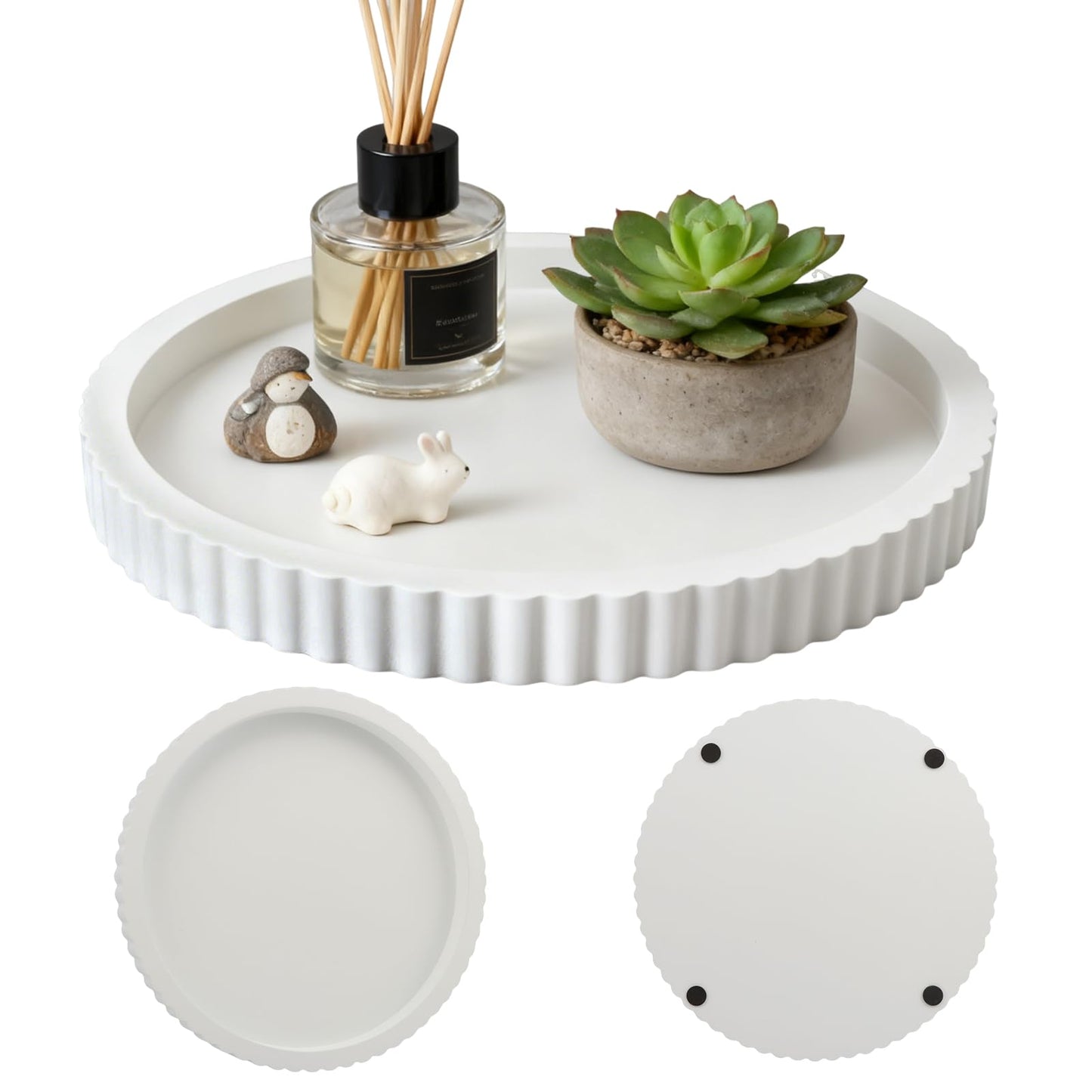 Round Fluted Wood Tray, 11 in Diameter, Accent Catchall for Vanity, White