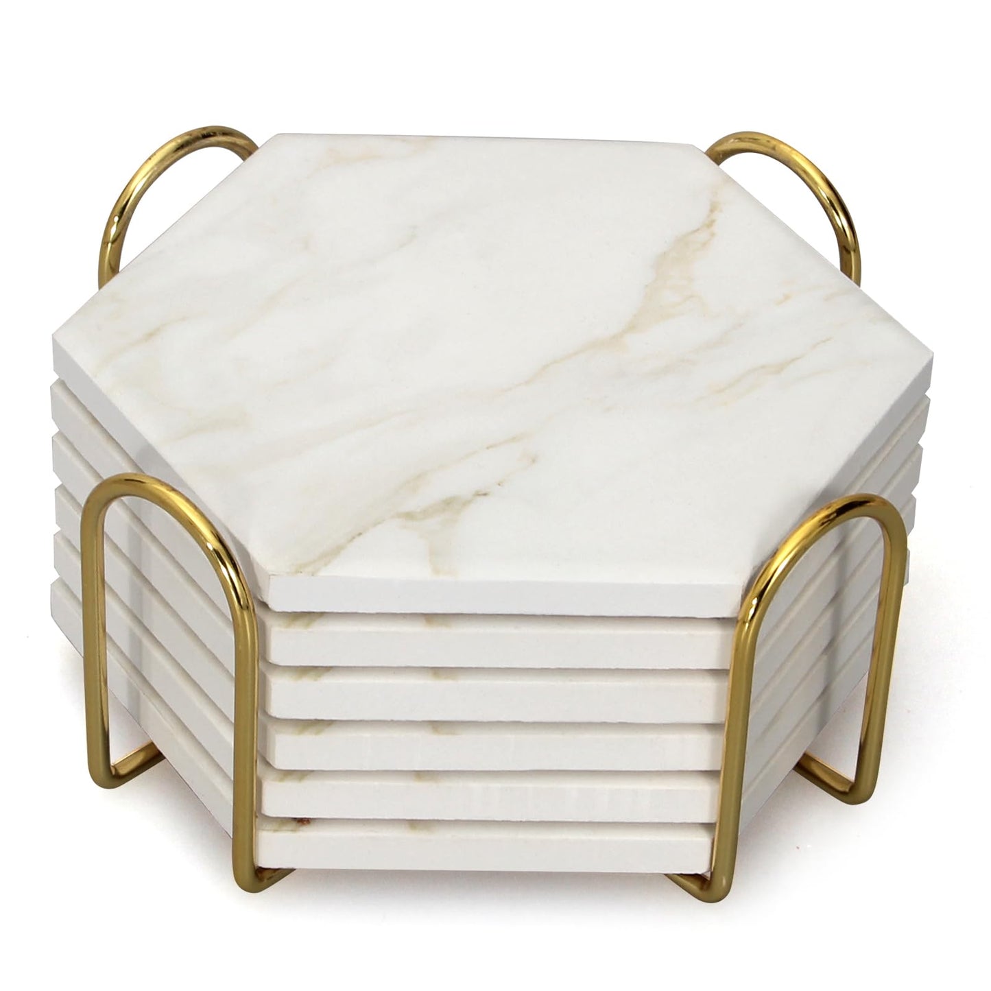 Dksyee 6Pcs White Marble Coaster Set with Holder Hexagon Ceramic Coasters Absorbent Coasters Drink Coasters Set for Coffee Table Bar Coasters Wine Coasters Modern Coasters Beer Coasters Cup Coasters