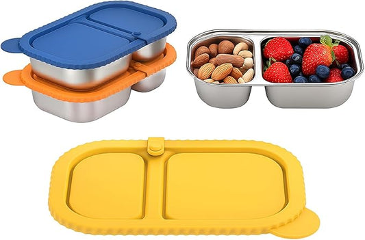 BSTUR 3 Pack Stainless Steel Snack Containers with Silicone Lids, 2 Compartment Food Storage for Office, Work, Travel, Meal Prep, Hiking, Picnic