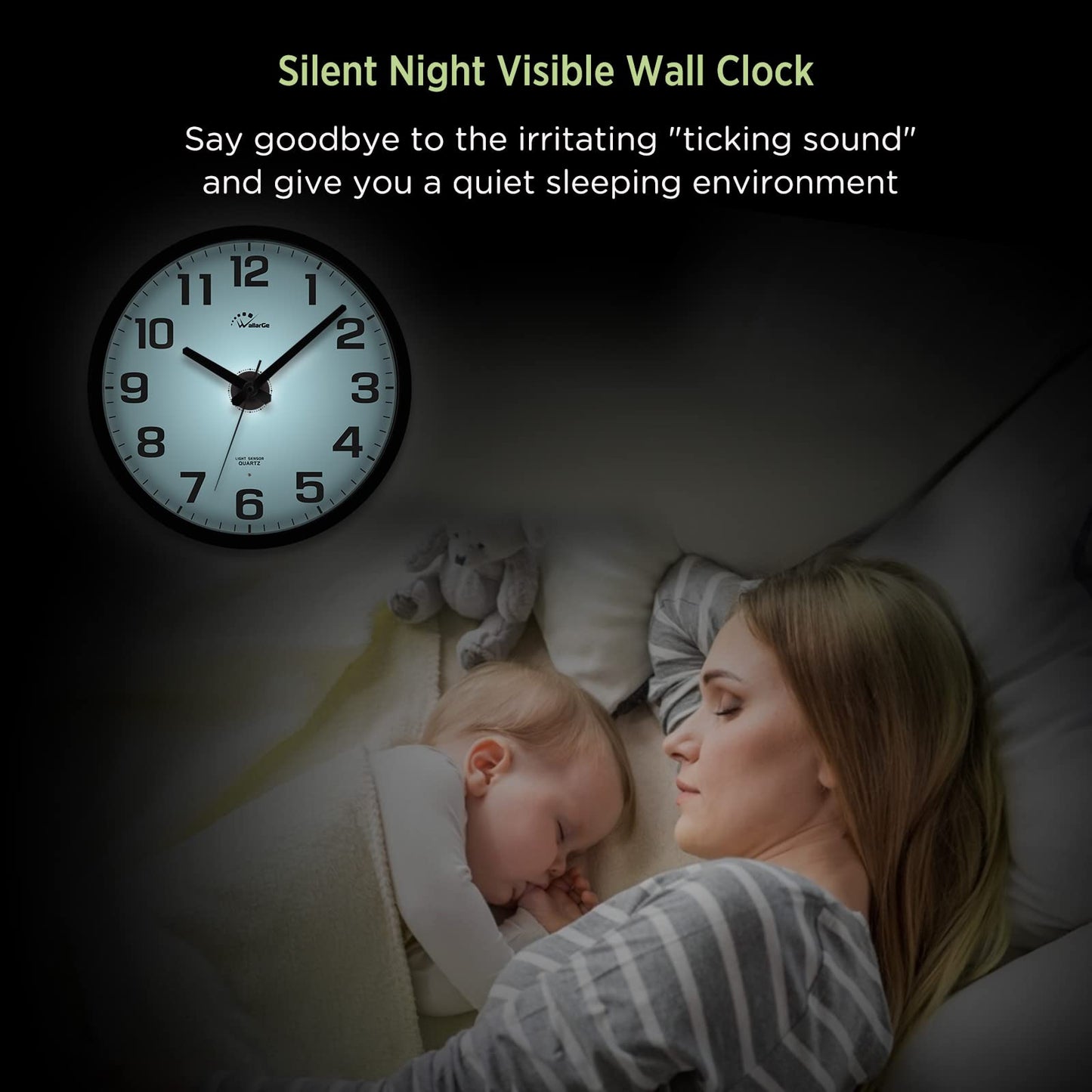 WallarGe Night Light Wall Clock for Bedroom - Silent Lighted up Wall Clock Glow in the Dark, Battery Operated Wall Clocks for Living Room/Kitchen, Easy to Read Large Digital Display, 12 Inch
