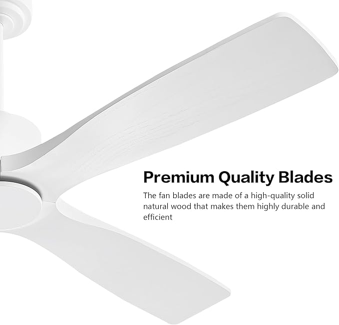 WINGBO 54" DC Ceiling Fan without Lights, 4 Carved Solid Wood Blades, 6-Speed Noiseless Reversible DC Motor, Modern Ceiling Fan No Light with Remote, Gloss White Finish with White Blades, ETL Listed