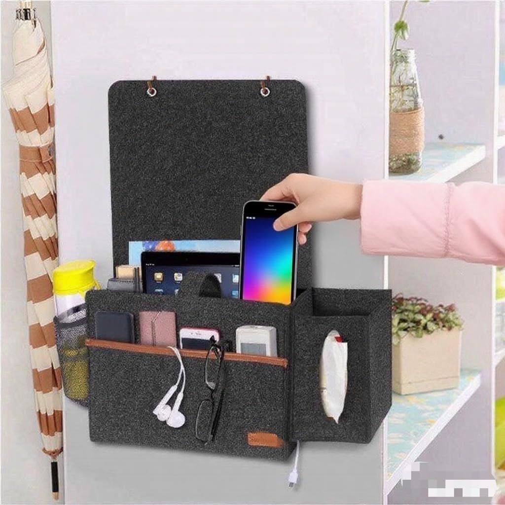Zurci Bedside Caddy - Hanging Storage Pouch for Bedside, Couch, Dorm Room - Multi-Pocket Wall Mounted Felt Storage Organizer for Bedroom,With Tissue Box Cover Holde (Dark Gray)