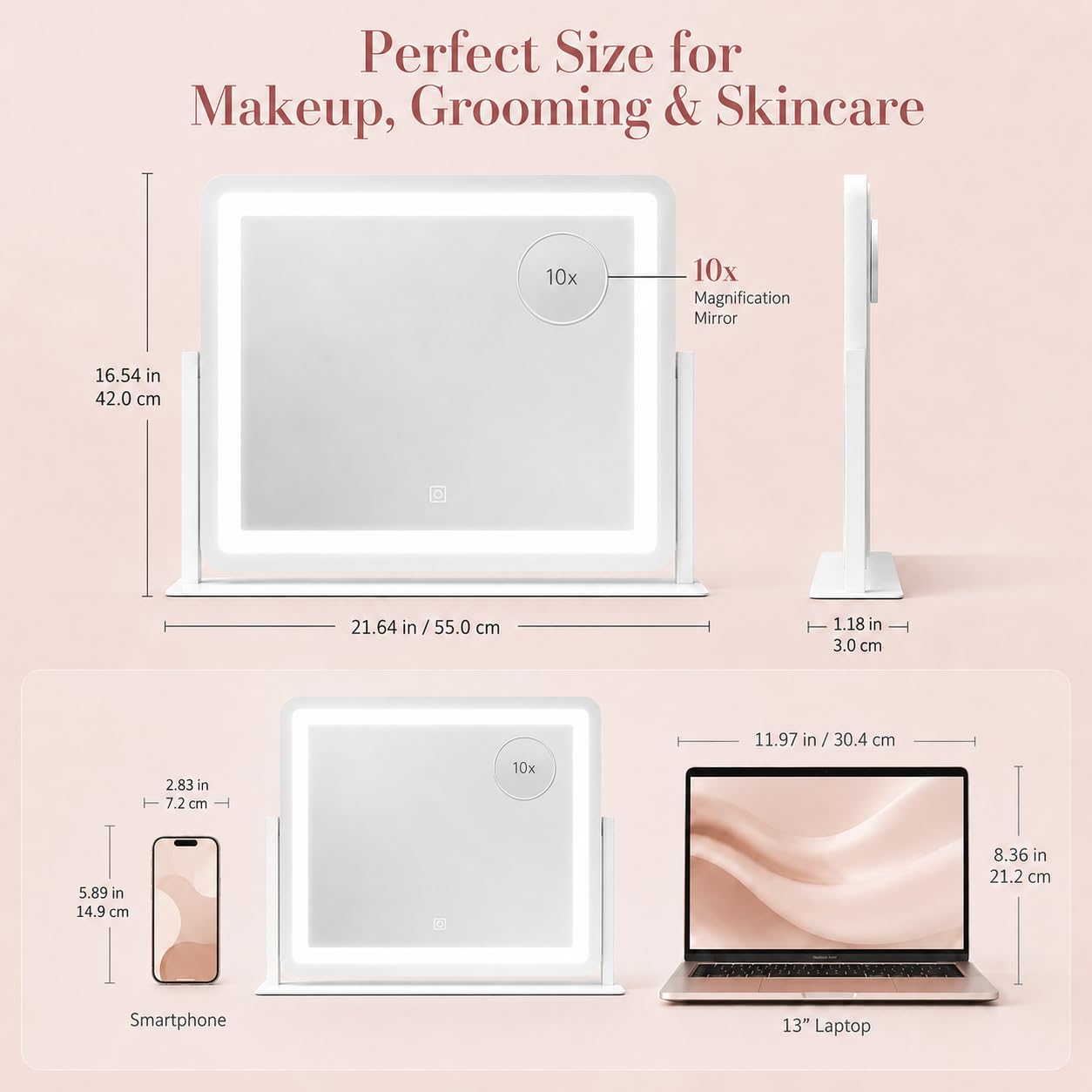 HNV 22"x17" Lighted Vanity Mirror, 3-Color Dimmable LED Makeup Mirror with Power Adapter, Sturdy Aluminum Frame 360° Rotating Desktop Mirror, White