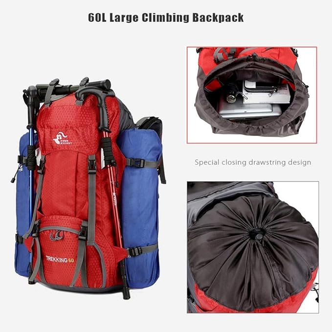 Bseash 60L Waterproof Hiking Camping Backpack with Rain Cover, Large Outdoor Sport Travel Daypack Rucksack for Climbing