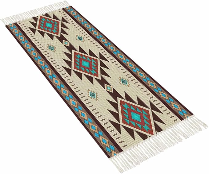 Boho Southwestern Kitchen Hallway Runner Rug 2X5 Ft Carpet, Washable Woven Aztec Abstract Geometric Throw Carpet with Tassel, Non-Shedding Vintage Native American Patterned Entryway Laundry Rugs