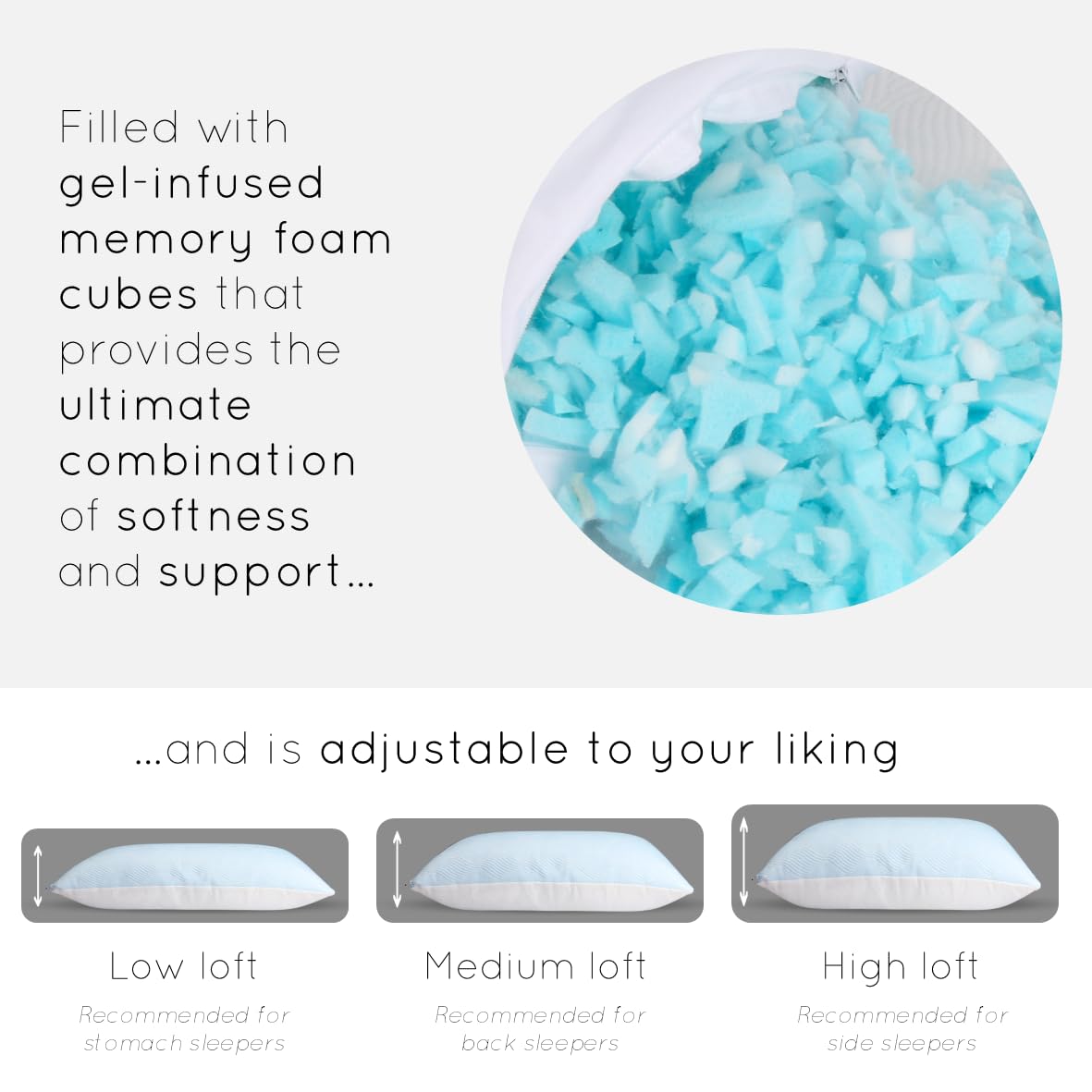 pillosophy Original Adjustable Loft Pillow • Gel-Infused Shredded Memory Foam Fill • Dual-Sided Washable Cooling Cover • Perfect for Back, Side, Stomach Sleepers (Queen Size, 1-pack)