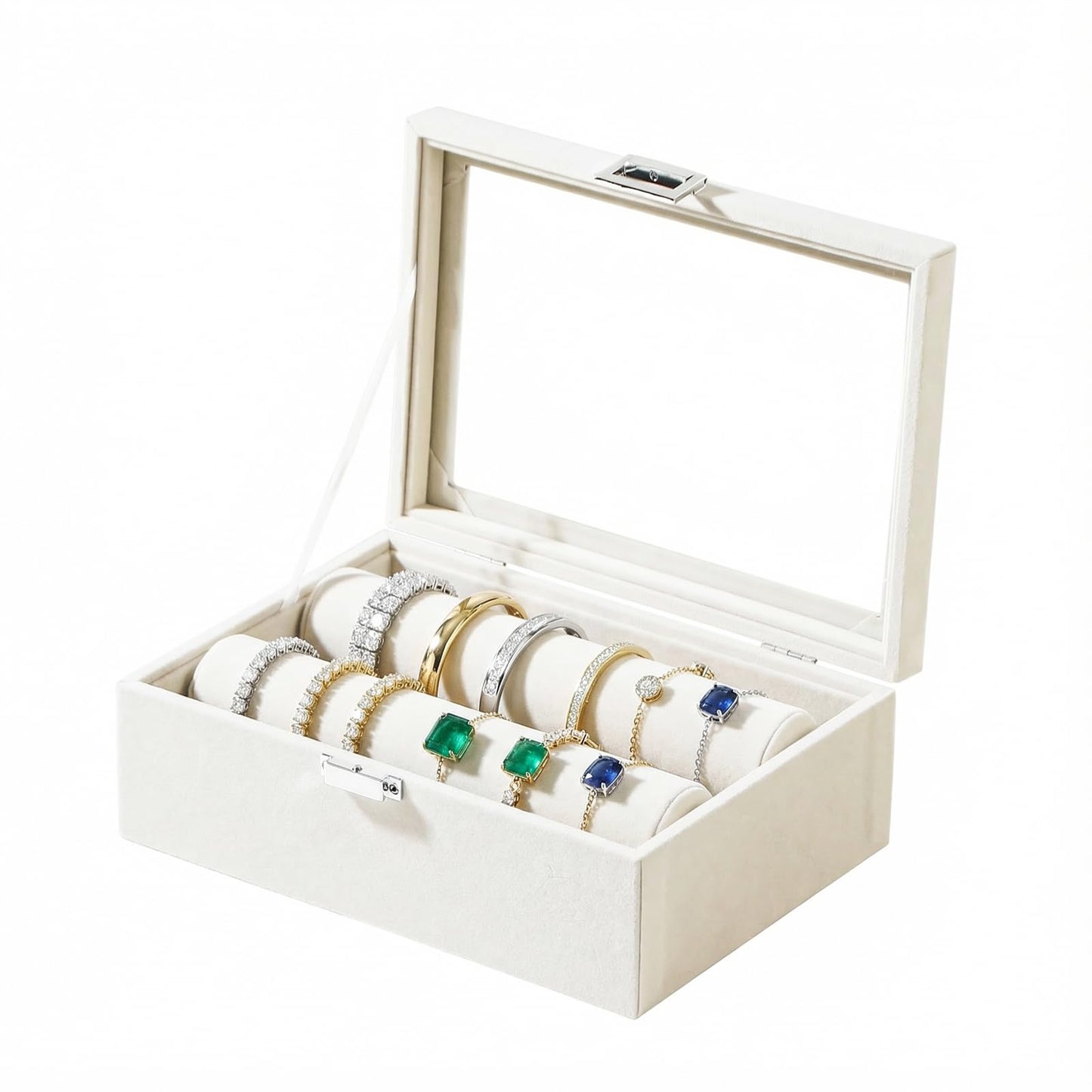 Gghenda Bracelet Display Holder with Clear Lid, Jewelry Storage Organizer Box Case with Rods for Bangles, Watches, Women (Beige)