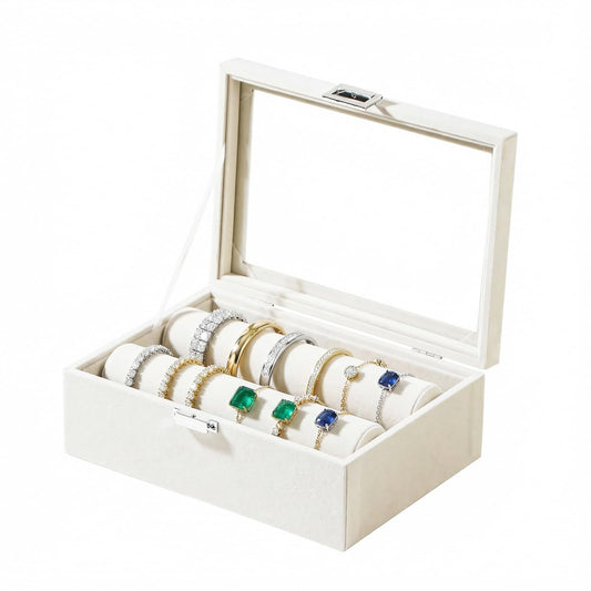 Gghenda Bracelet Display Holder with Clear Lid, Jewelry Storage Organizer Box Case with Rods for Bangles, Watches, Women (Beige)