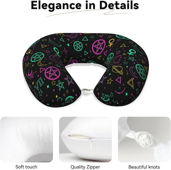 Travel Pillow Chin Neck Support, Comfortable Airplane Car Pillows for Rest, Memory Foam U Shaped Office Home Nap Sleeping Cushion Witch Magic Sun Moon Star Alchemical Cosmic Signs Witchcraft