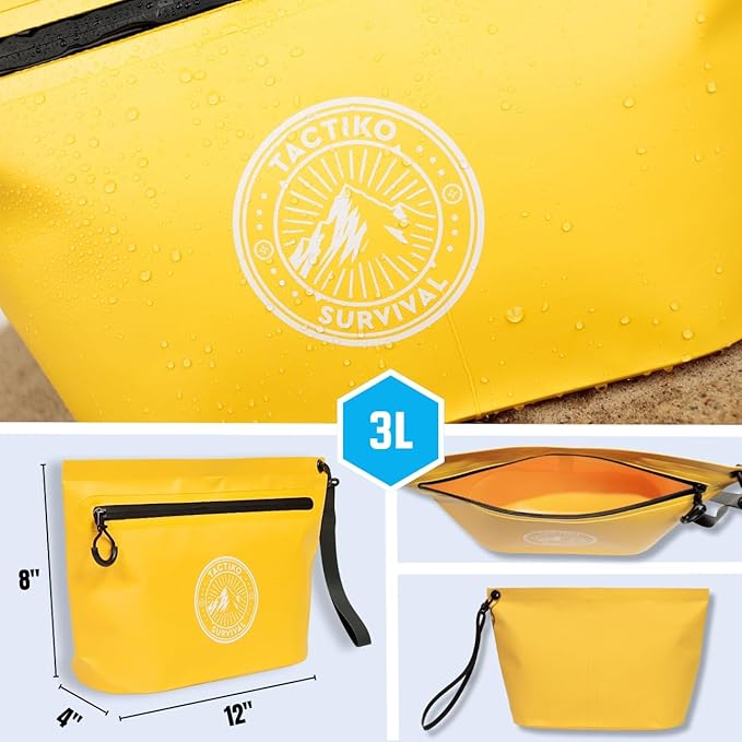 Tactiko 3L Water Resistant Pouch - Waterproof Material w/Splashproof Zipper - Hold All Zipper Bag for Storage, Toiletries, Travel, Beach, Cruise, Home (3, Blue/Yellow/Black) | Collapsible, Easy to Clean, Pack All