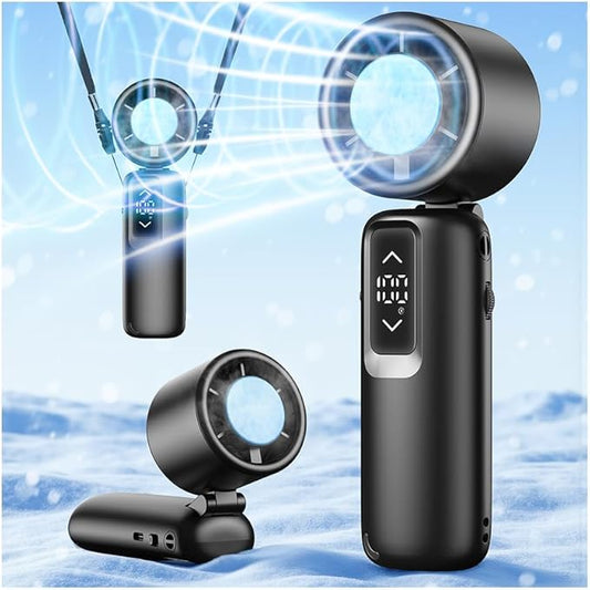 Guirngou Portable Handheld Turbo Fan, 1-100 Gear Wind, Battery Operated, Up to 23 Working Hours, 3 IN 1 Personal Fan with Air Turbo Tech, Cooling Essentials for Indoor/Outdoor (Metallic Glossy Black)