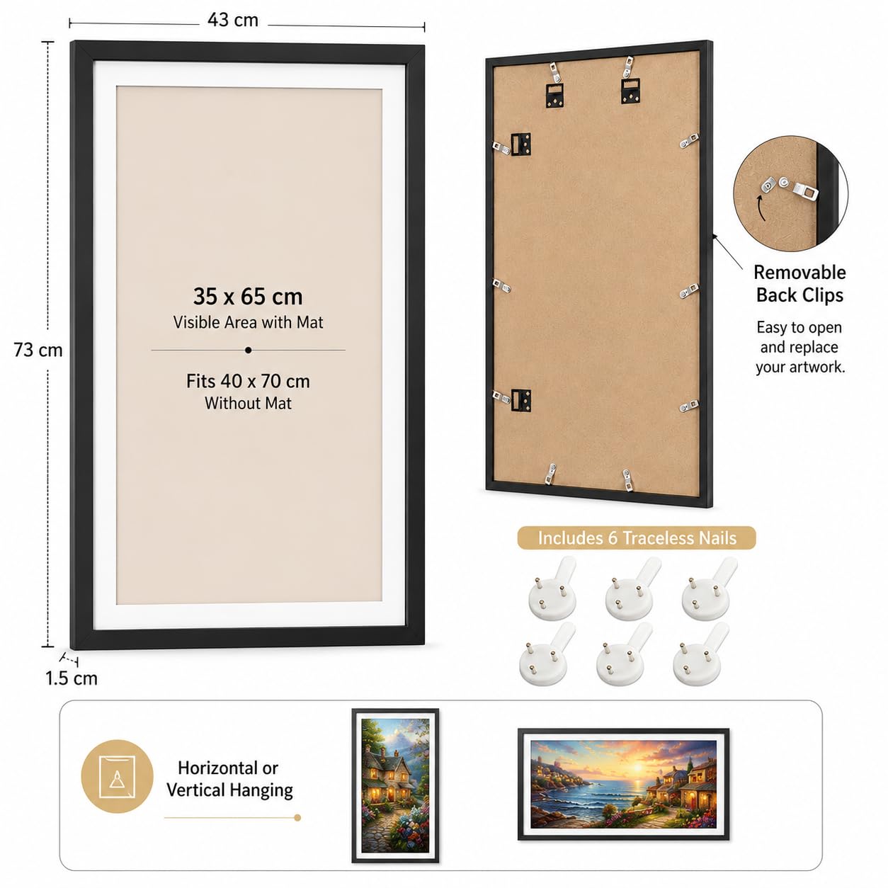 ARTGOTO 15.7x27.5inch/40x70cm Large Diamond Art Painting/Paint by Numbers MDF Picture Frames,Display 35x65cm with Mat or 40x70cm Without,Horizontal & Vertical Wall Hanging for Puzzles,Photos,Posters