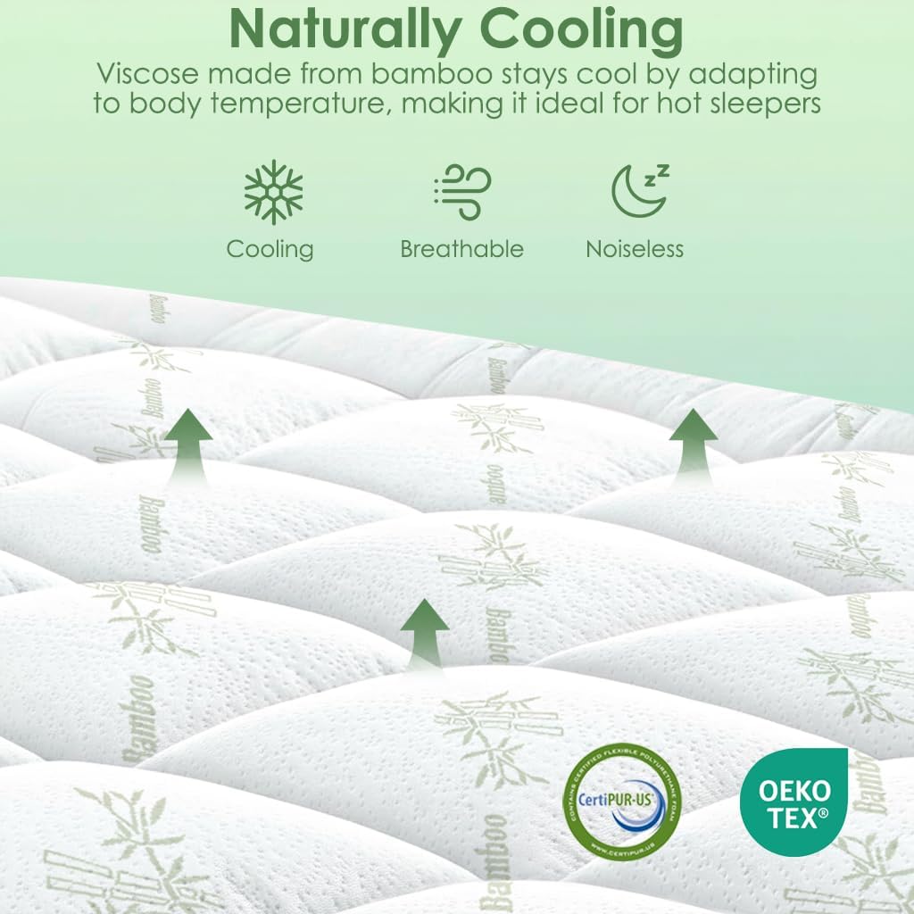 Full Mattress Topper Viscose Derived from Bamboo, Cooling Thick Pillow Top Mattress Pad with Deep Pocket for 8"-21" Mattress, Soft Breathable Mattress Topper for Back Pain Relief, Green