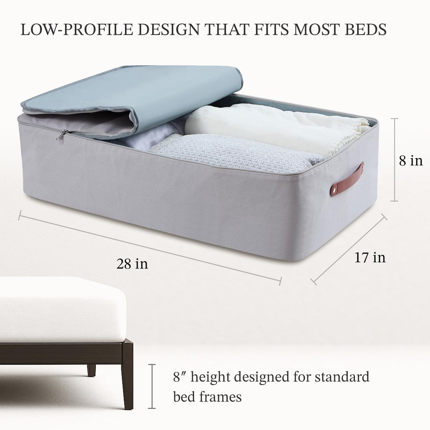 Cloncep Design Under Bed Storage Container – Foldable Underbed Storage Bin for Clothes & Bedding, Premium Canvas Storage Box with Lid, Low Profile 8″ Organizer with Handles