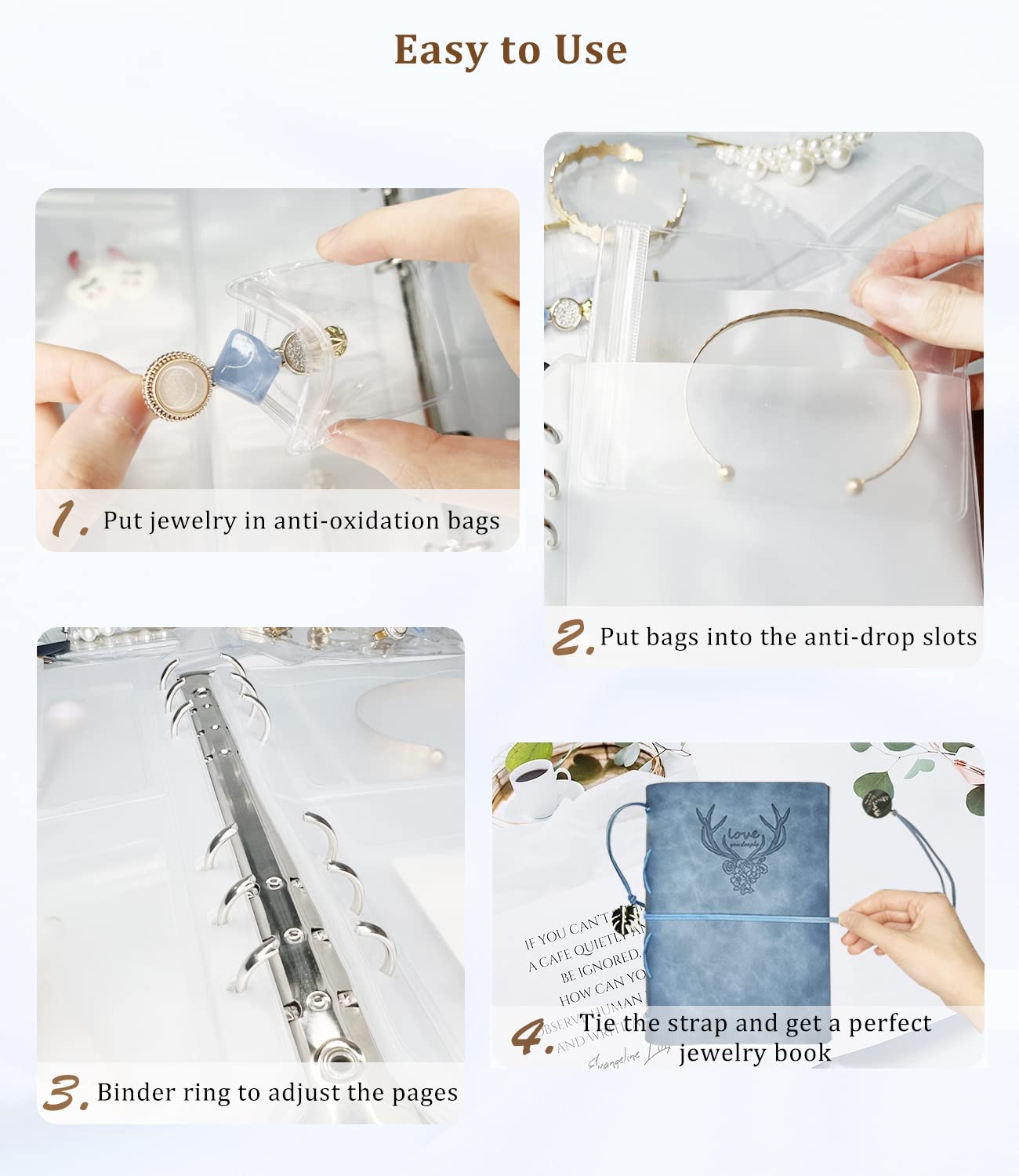 Jewelry Storage Book, PU Leather Travel Jewelry Organizer with Anti-drop Pockets, Portable Earrings Booklet with Transparent Jewelry Bags for Rings, Postcard(70 Grids+70 Anti Oxidation PVC Bags)
