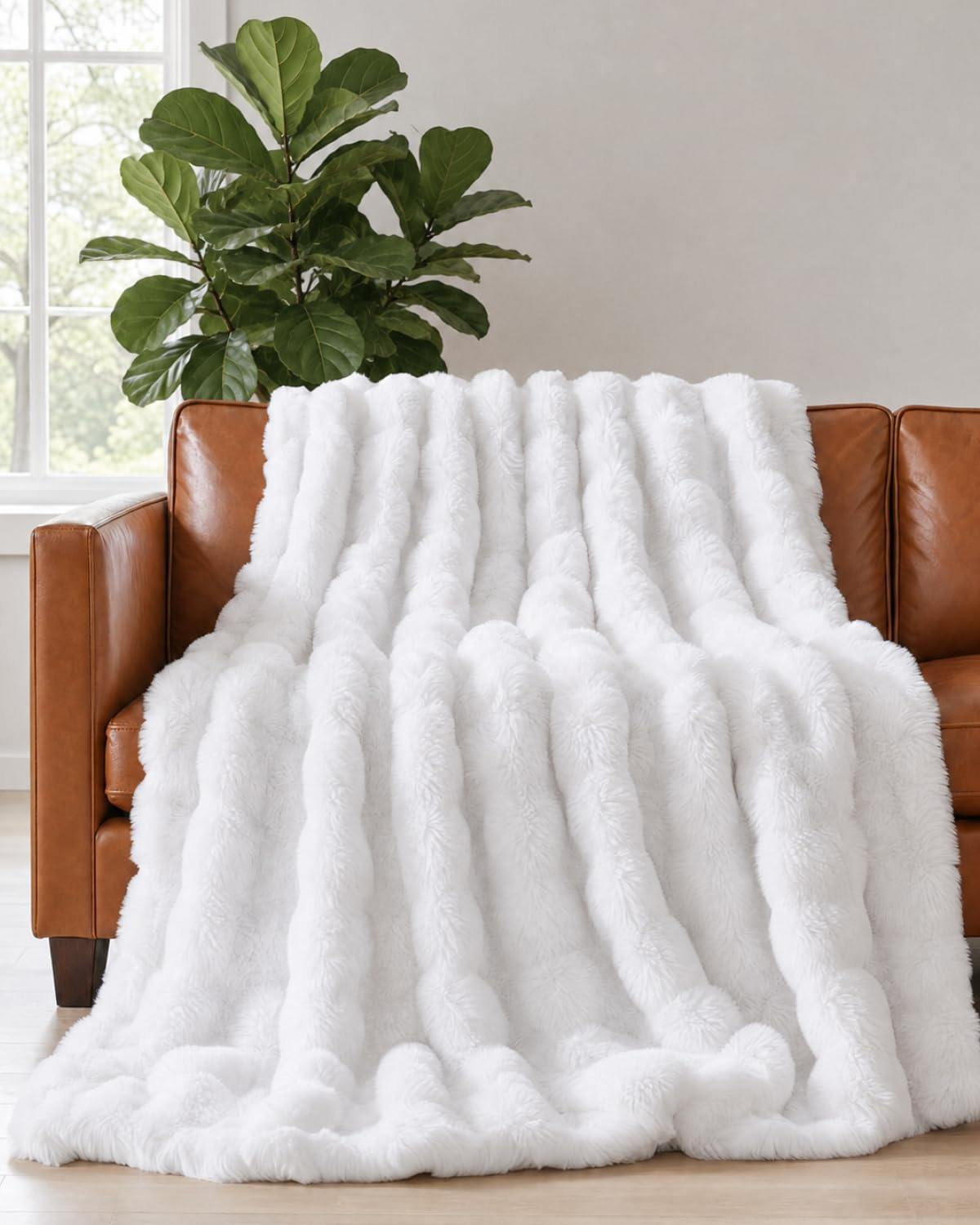 White Throw Blanket - Fluffy Throw Bubble Blanket Queen Size - Extra Thick Rabbit Faux Fur for Couch, Sofa, Chair or Bed - All Season, Ultra-Soft, Plush, Fuzzy, Cozy for Men, Women & Teens - 90" x 90"