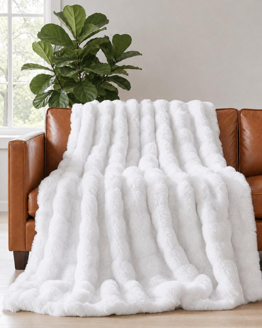 White Throw Blanket - Fluffy Throw Bubble Blanket Queen Size - Extra Thick Rabbit Faux Fur for Couch, Sofa, Chair or Bed - All Season, Ultra-Soft, Plush, Fuzzy, Cozy for Men, Women & Teens - 90" x 90"