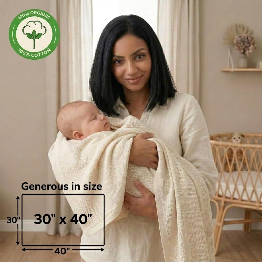 Huxie 100% Organic Cotton Knit Receiving Baby Boy Blanket for Newborns - Soft, Breathable Blanket for Crib & Stroller - Nursery Gift (Ivory)