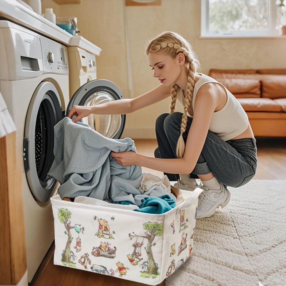 CORODER Rectangle Cute Bear Nursery Storage Basket With A Waterproof PE Coating, Foldable Large Canvas Laundry Hamper, Decorative Storage Baskets Suitable For Bathroom and Bedroom (White)