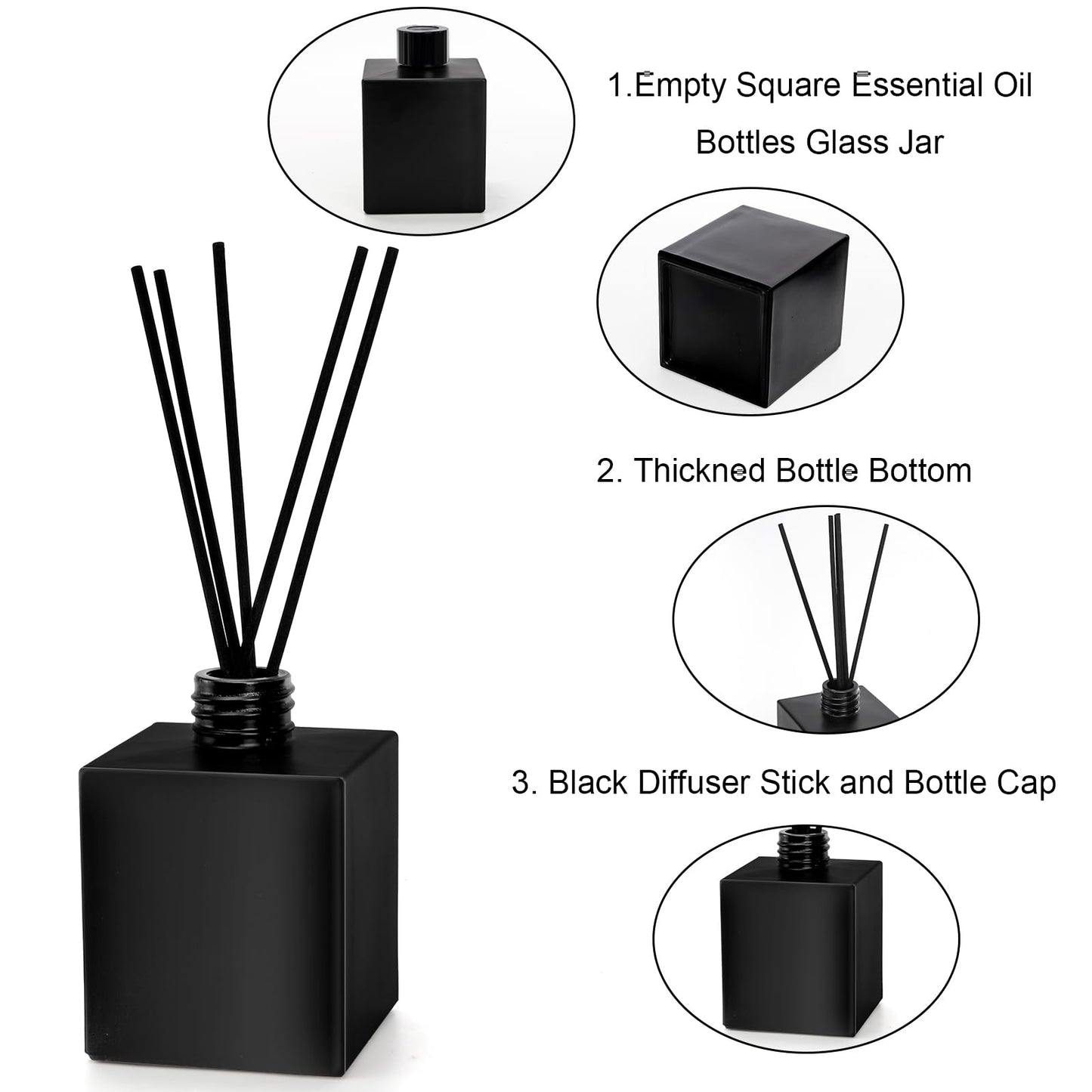 Yesland 6 Pack Perfume Reed Diffuser Bottle, 200ml/6.7oz Empty Refillable Essential Oil Bottles Glass with 60 Sticks, DIY Fragrance Diffuser Sets for Home Bathroom Office Decoration Gift, Black