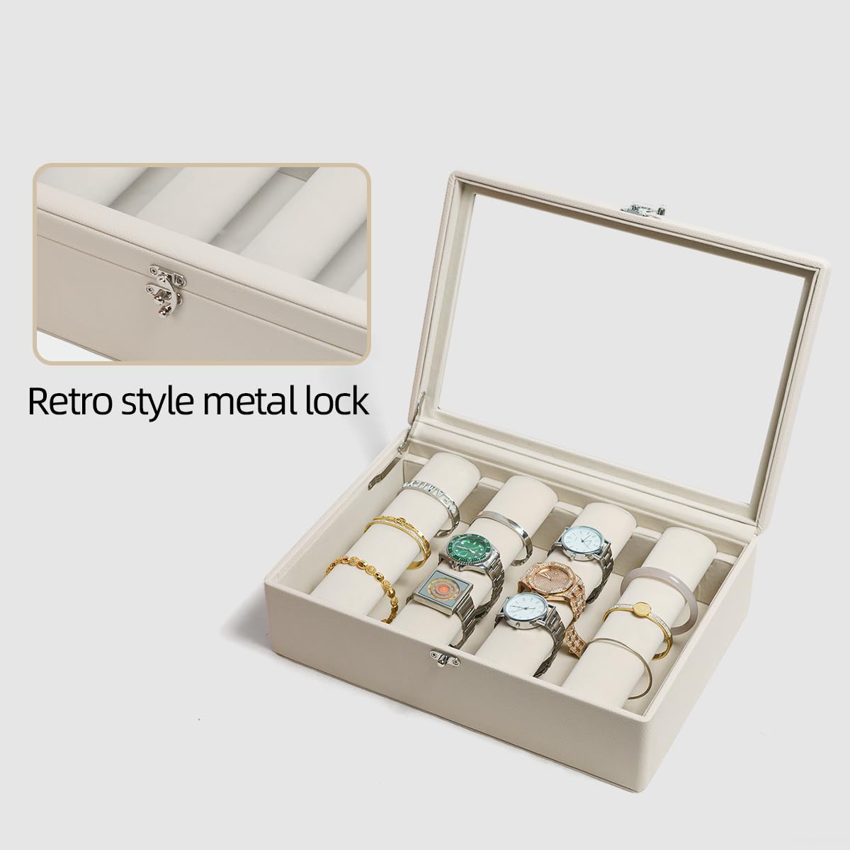 OrizeGe Jewelry Box with Glass Lid Bracelet Holder PU Leather for 4 Horizontal Rods Beige Velvet Watch Case for Women