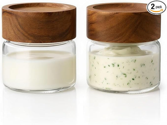 Zoaiirte 2-Pack 4 oz Leakproof Mason Jars with Airtight Acacia Wood Lids - Small Glass Food Storage Containers for Overnight Oats, Spices, Snacks, Kitchen Pantry Organization