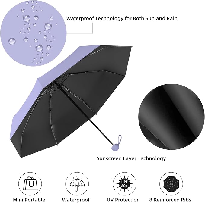 Travel Mini Compact Folding Umbrella with Case - UV Sun & Rain Protection, Lightweight Portable Pocket Umbrella for Women Men Kids, Fits Purse Backpack