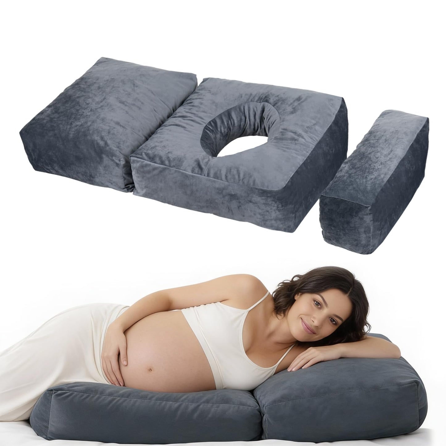 Pregnancy Pillows for Sleeping, 45.3 Inch Pregnancy Massage Pillow Full Body Pillow with Removable Cover & Leg Pillow, Support for Back, Legs, Belly, HIPS for Pregnant Women (Grey)