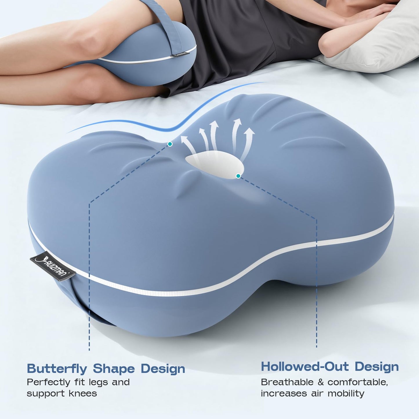 Ruizman Knee Pillow for Side Sleepers - Cooling Pillow Between Legs for Side Sleeping - Memory Foam Knee Pillow with Strap for Hip Pain & Spine Alignment (Blue)