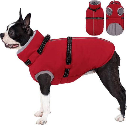 AOFITEE Small Dog Coat with Harness Built in, Fleece Dog Winter Jacket, Reflective Puppy Winter Coat with Zipper On Back, Warm Turtleneck Pet Sweater Windproof Puffer Jacket for Chihuahua, Yorkie, XS