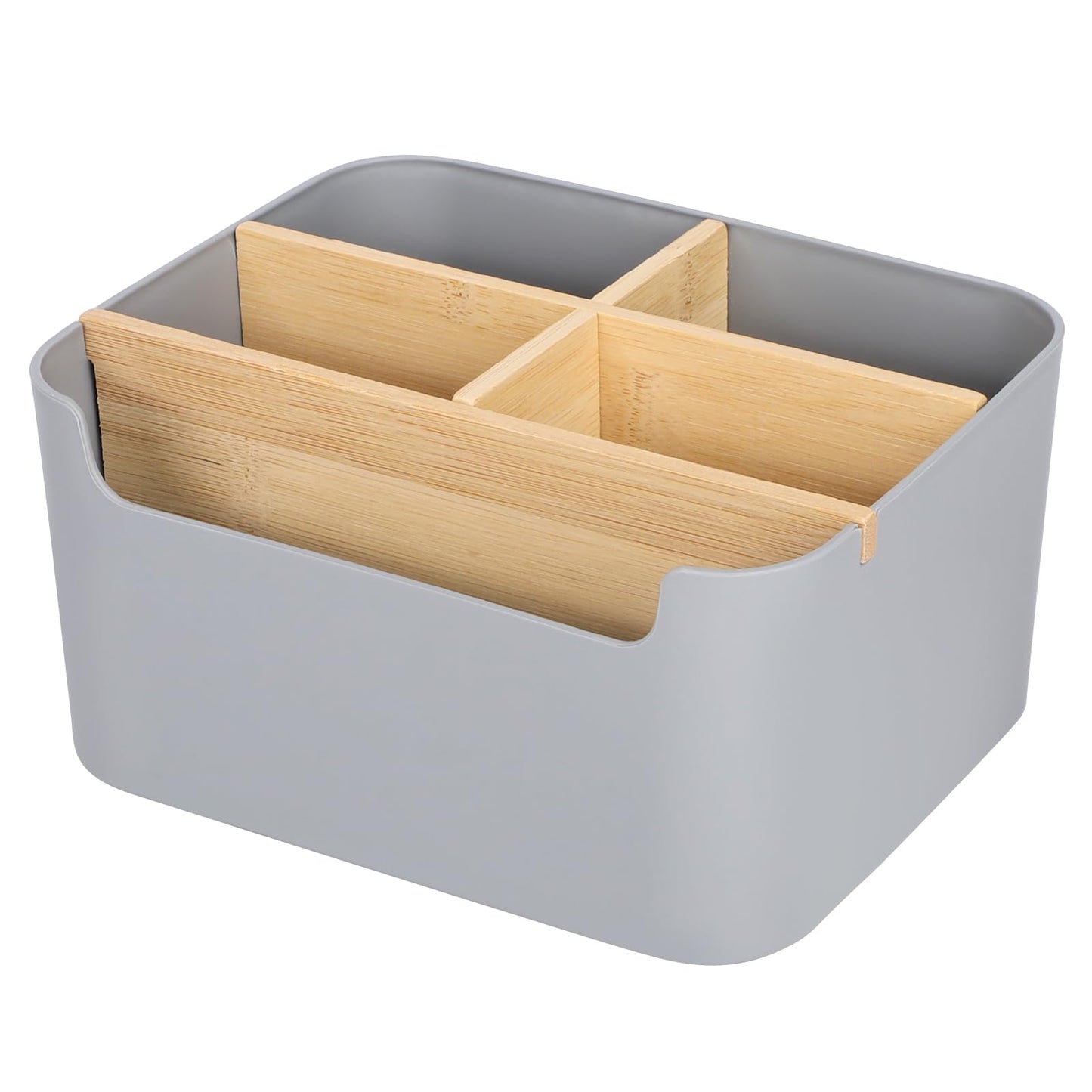 Segarty Gray Desk Storage Organizer, Detachable Divided Bamboo Remote Control Holder Caddy, Desktop Pen Pencil Holder Container Box for Office Supplies Home Bedside Table