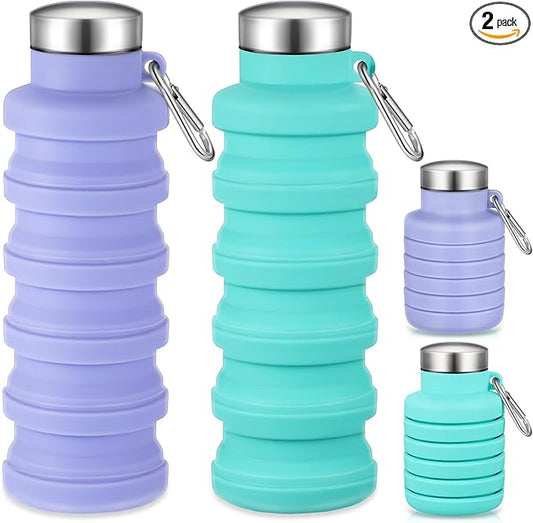 Baderke 2 Pcs Collapsible Water Bottles 17oz Silicone Travel Foldable Portable Water Bottle with Buckle Silicone Lightweight Reusable Leakproof for Camping Hiking Cycling Sport(Green, Purple)