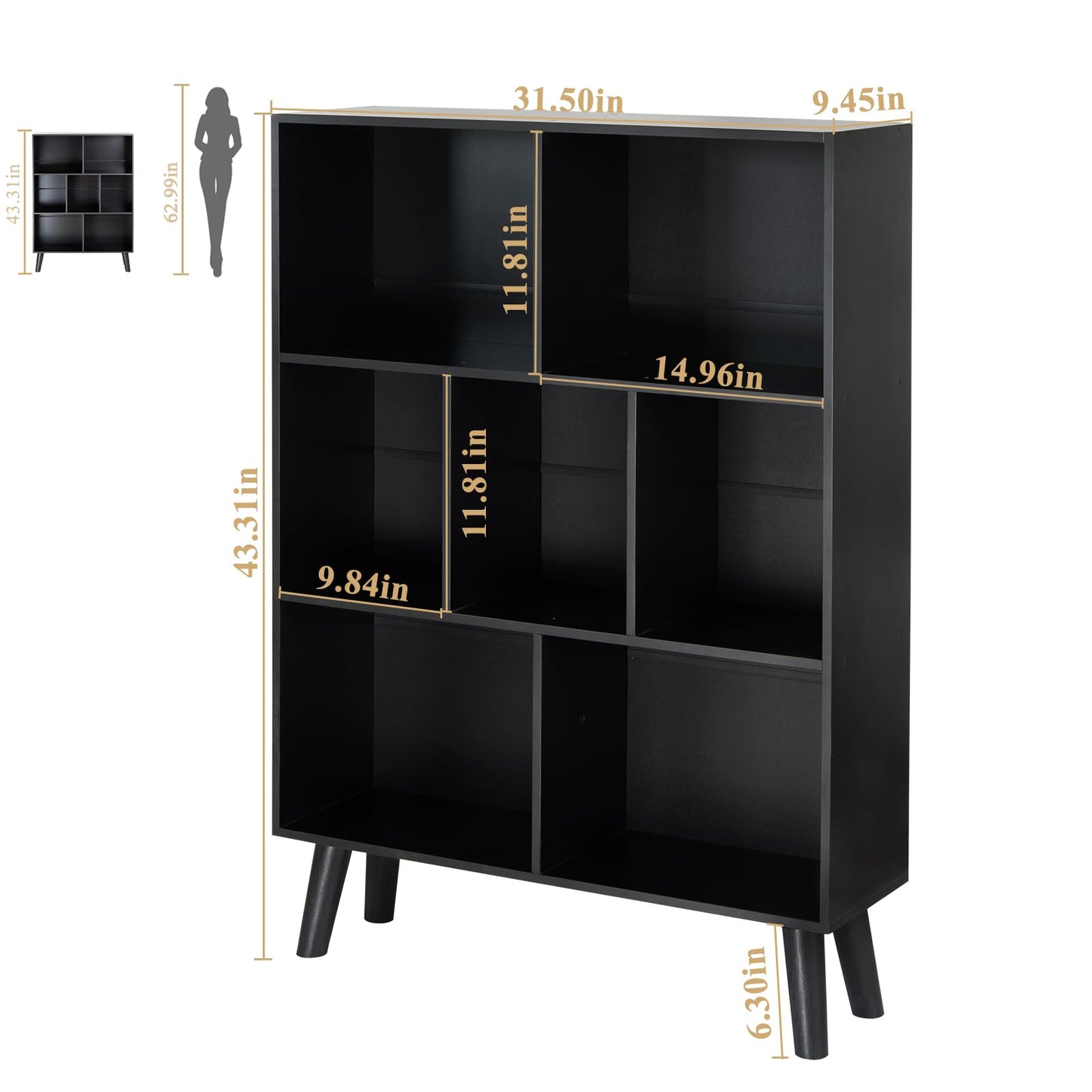 YAHARBO Black Bookshelf,3 Tier Modern Bookcase with Legs,Bookshelves Wood Storage Shelf, Open Book Shelves Cube Organizer,Freestanding Short Bookcases