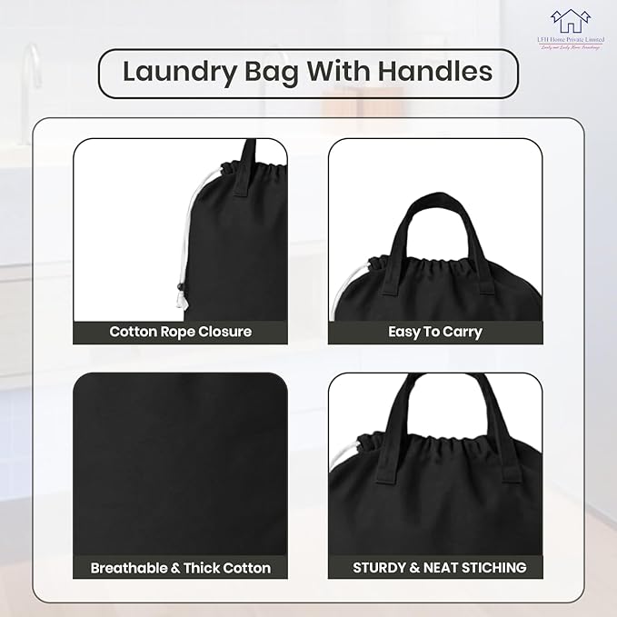 LFH Home Large Premium Cotton Canvas Laundry Bag with Drawstring and Handles Heavy Duty, Multi-Use, and Washable for Home, Travel, College or Storage 20x30 (Pack of 4)-Black