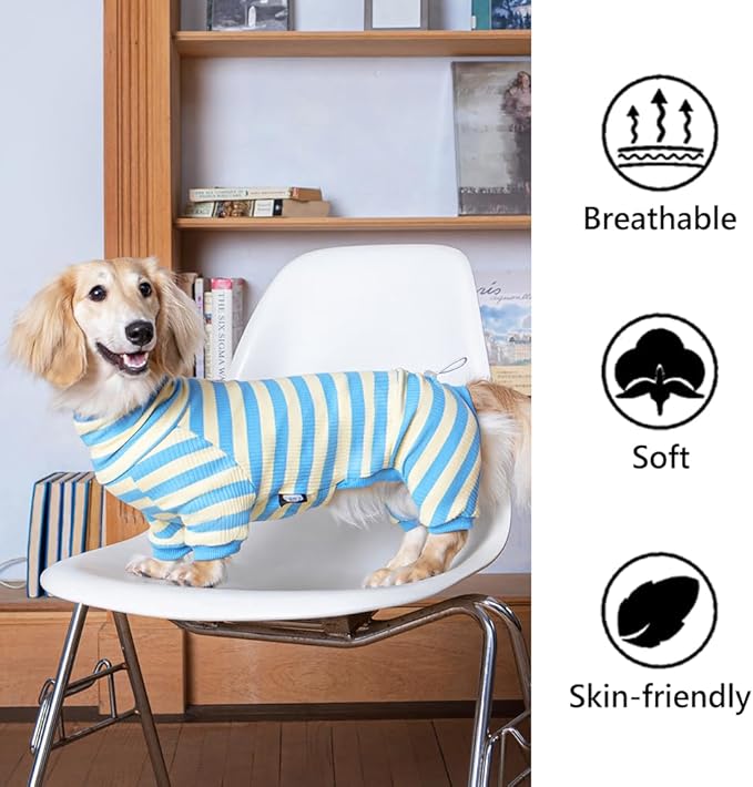 HowlyWoof Dachshund Dog Shirt, Thin Striped Base Layer Onesie for Wiener Dogs, Lightweight All-Season Wear, Soft & Comfy Fit for Doxie and Short-Leg Breeds (Blue&Yellow, Size 1 (7-11lbs))