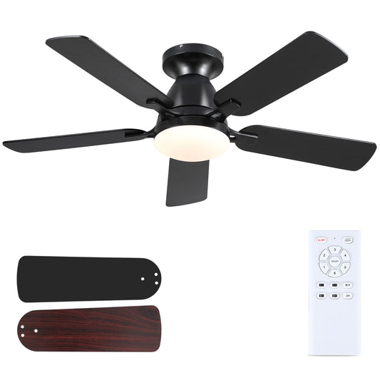 NSXQMUV 46 Inch Ceiling Fans with Lights and Remote, Modern Black Low Profile Ceiling fan with light for Bedroom Indoor/Outdoor, Flush Mount, Reversible Quiet DC Motor, Dimmable LED, Wooden Blades