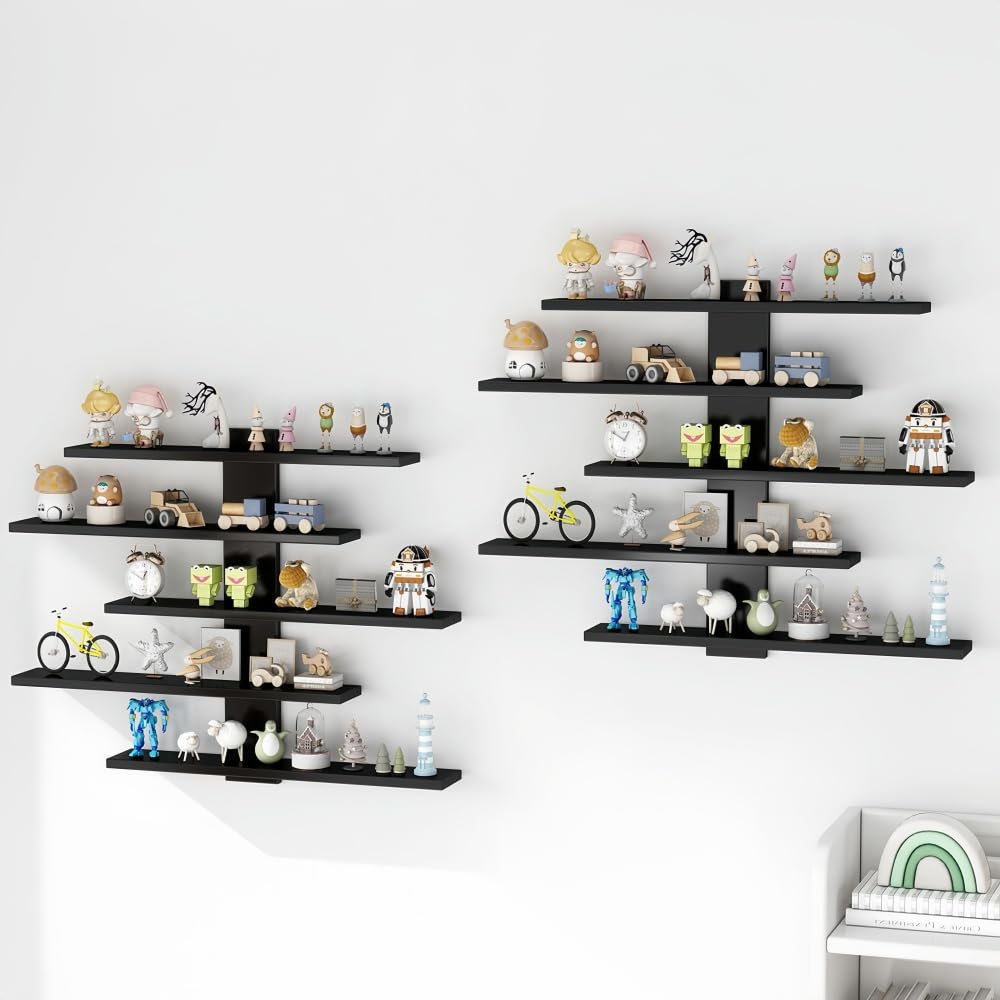 HUHUJIA 5-Tier Floating Wall Mounted Shelves, Wall Display Storage Shelf for Anime Figurines, Dolls, Plants & Statues, Decorative Organizer for Bedroom, Living Room, Study, Kids Room(White)