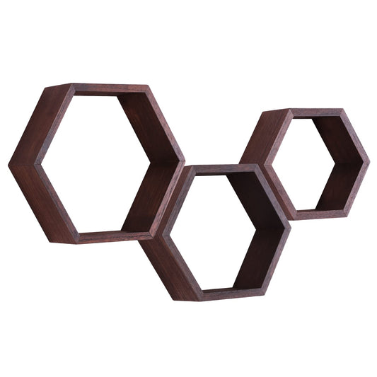PHOENANCEE Hexagon Floating Shelves,Honeycomb Shelf Set of 3,Wood Farmhouse Hexagonal Decor Wall Storage for Living Room Bedroom Kitchen Office(Walnut)
