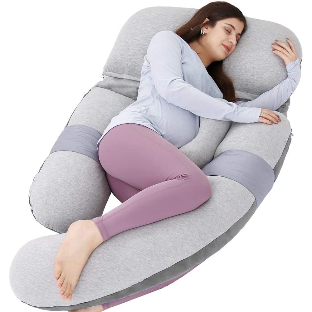 AS AWESLING 60in Full Body Pillow | Nursing, Maternity and Pregnancy Pillow | Extra Large U Shape Pillows with Detachable Side, Separate Support Pillow and Removable Cover (Velvet and Jersey Grey)
