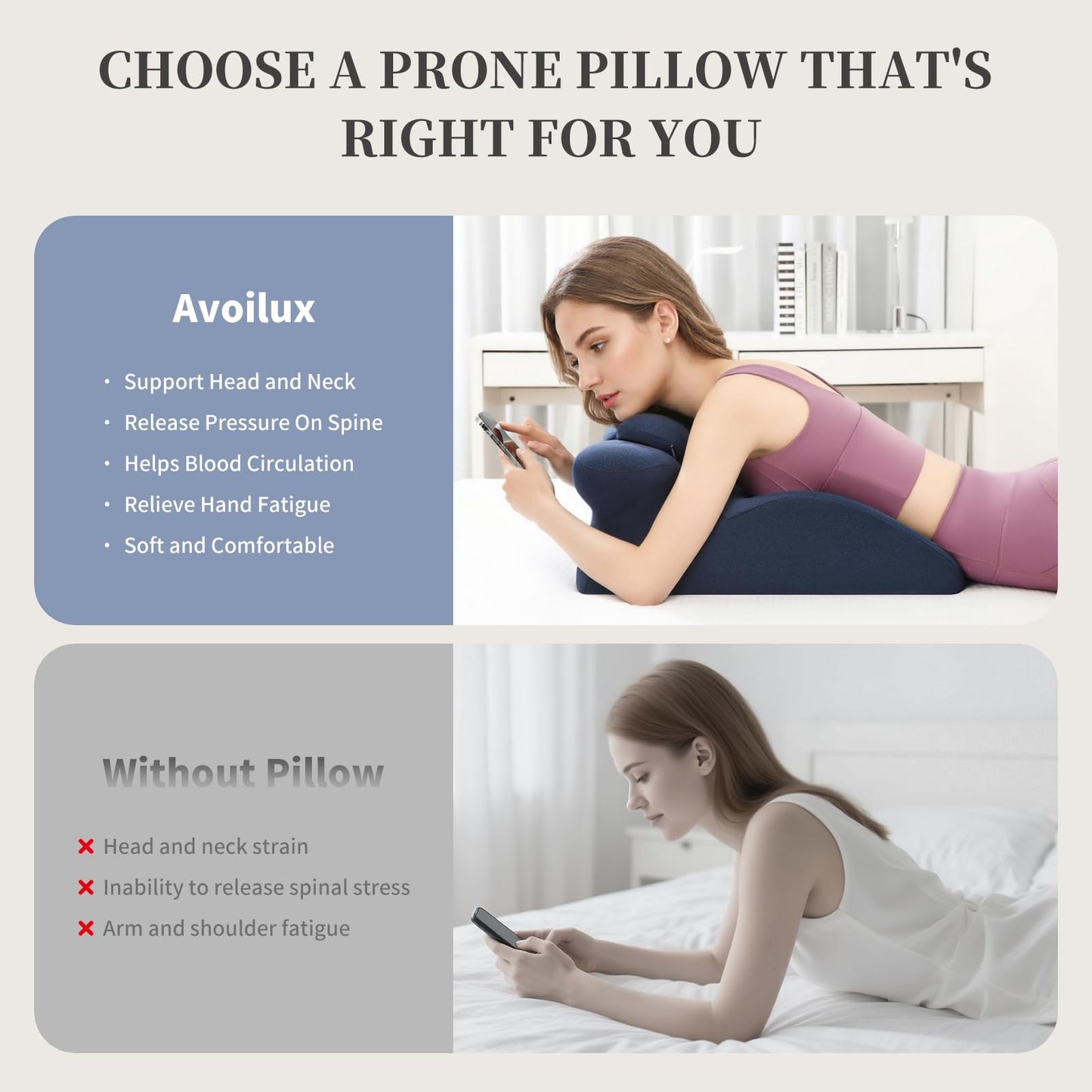 Memory Foam Ergonomic Prone Pillow, Bed Rest Pillow for Sleeping & Reading, Back Pain & Acid Reflux Support Pillow, Ideal for Massage, Removable Washable Cover