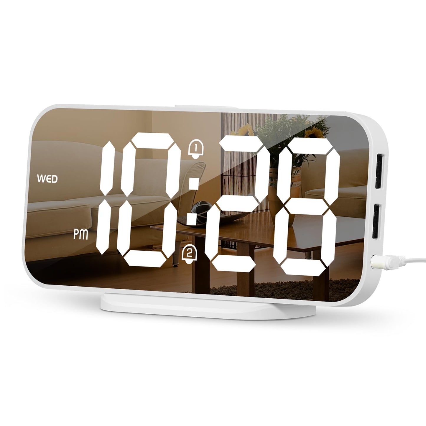 ALANAS Aesthetic Digital Alarm Clock, Big Mirror Display with Dual USB Charger Ports, Dual Alarms, Snooze, 4-Level Adjustable Dimmer, for Bedroom, Office, Desk, Plug in LED Clocks