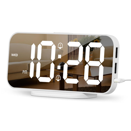 ALANAS Aesthetic Digital Alarm Clock, Big Mirror Display with Dual USB Charger Ports, Dual Alarms, Snooze, 4-Level Adjustable Dimmer, for Bedroom, Office, Desk, Plug in LED Clocks