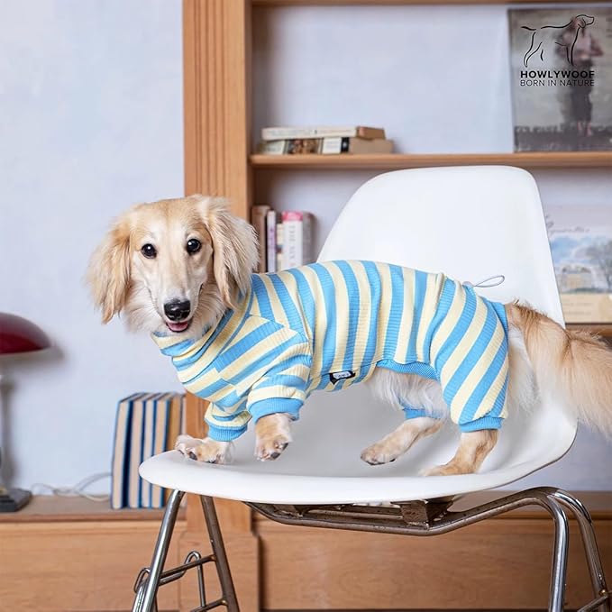 HowlyWoof Dachshund Dog Shirt, Thin Striped Base Layer Onesie for Wiener Dogs, Lightweight All-Season Wear, Soft & Comfy Fit for Doxie and Short-Leg Breeds (Blue&Yellow, Size 1 (7-11lbs))