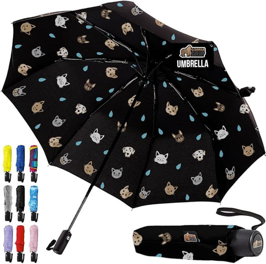 GORILLA GRIP Strong Windproof Stick Compact Umbrella for Rain, One-Click Automatic Open and Close, Durable Quick Dry Waterproof Material, Lightweight and Portable, Travel Size Fits Backpack, Cats Dogs