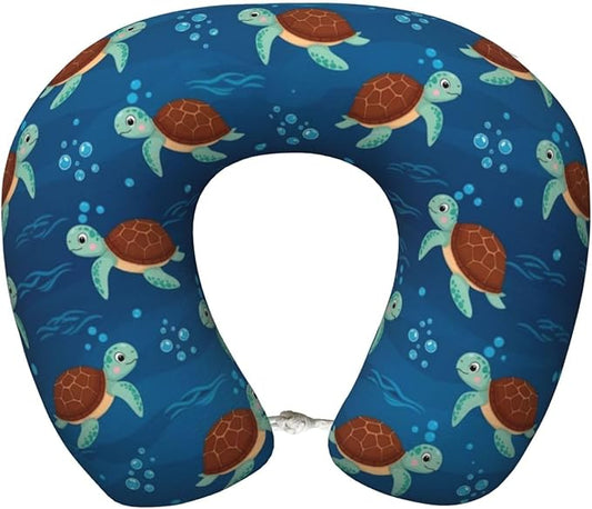 Neck Travel Pillow, Breathable Memory Foam Chin & Head Support Cushion Teal Sea Turtles for Airplane Car Sleeping Rest