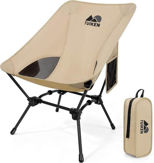 TUIKEN Ultralight Camping Chair Backpacking Chair, Portable Camp Chair with Cup Holder & Storage Bag, Lightweight Compact Folding Chair for Hiking, Travel, Picnic Mountaineering (Light Brown)