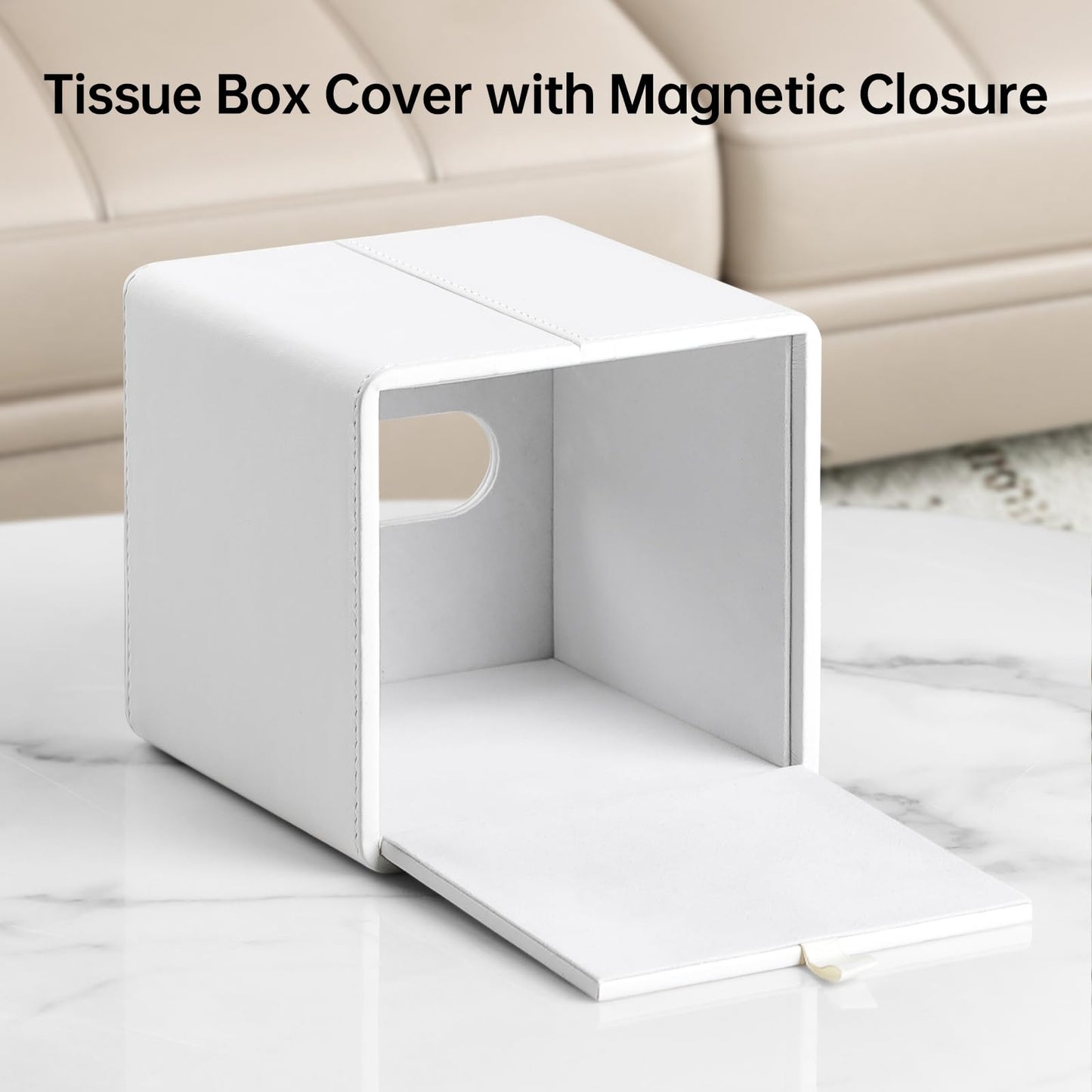 MEIBOOCH PU Leather Tissue Box Cover Square Tissue Box Holder with Magnetic Closure (Cream-White)