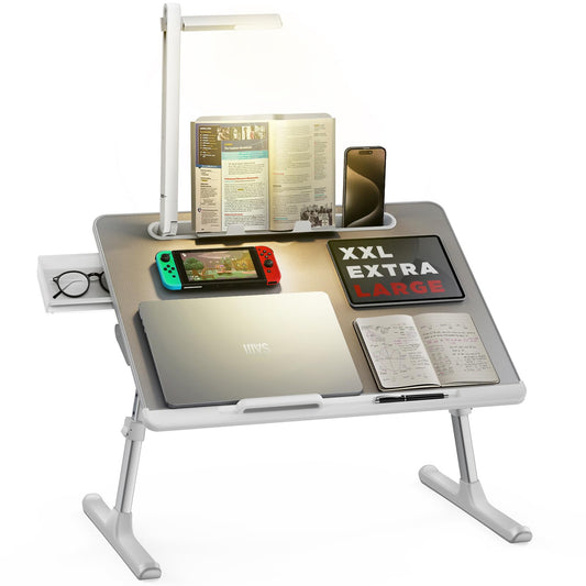 Laptop Bed Tray Desk with LED Desk Lamp, SAIJI Adjustable Laptop Stand for Bed, XX-Large PVC Leather Foldable Table with Book Stand, Wrist Rest, Extra Leg Room for Sofa Couch Floor (Gray)